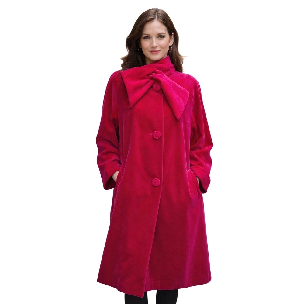 Vintage 60s retro Sport Ease Fashions Hot Pink Velvet Bow‎ Neck swing coat 50s